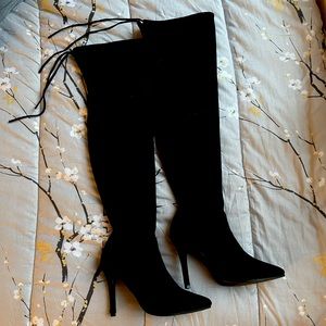 Black velvet thigh high boots